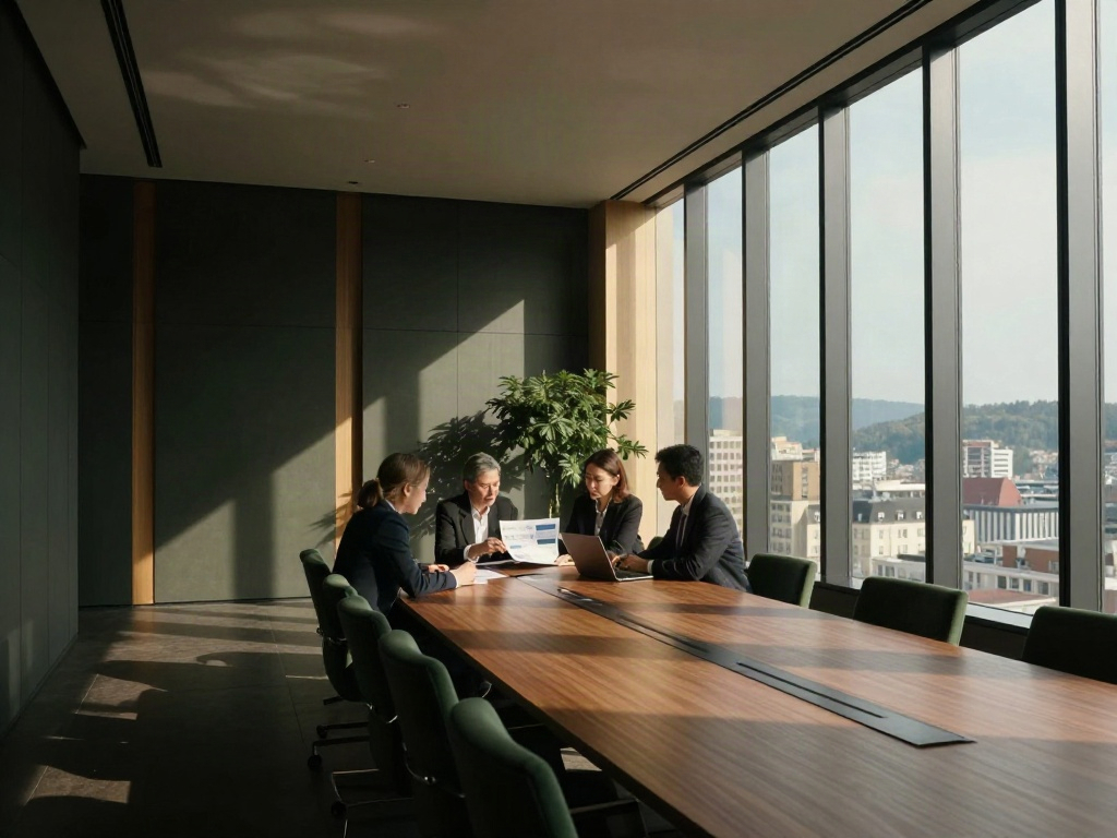 A considered, light-filled boardroom where business leaders review their next strategic move